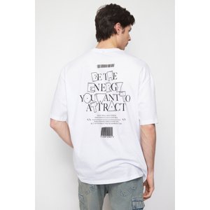 Trendyol Men's White Oversize/Wide-Fit Crew Neck Fluffy Text Printed 100% Cotton T-Shirt