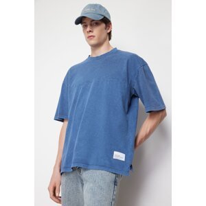 Trendyol Indigo Oversize/Wide Fit Stitched Label Faded Effect 100% Cotton T-Shirt