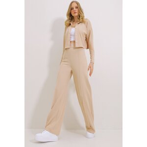 Trend Alaçatı Stili Women's Beige Thessaloniki Knitted Crop Shirt And Grassy Palazzo Trousers Double Suit