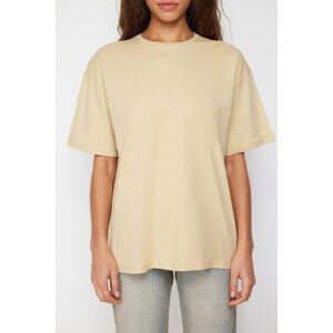 Trendyol Dark Beige 100% Cotton Oversize/Wide Fit Crew Neck Knitted T-Shirt