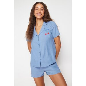 Trendyol Blue Cherry Embroidered Woven Pajamas Set