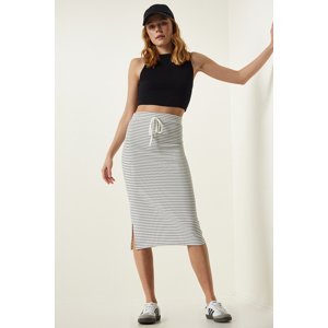 Happiness İstanbul Women's White Striped Slit Wrap Knitted Skirt