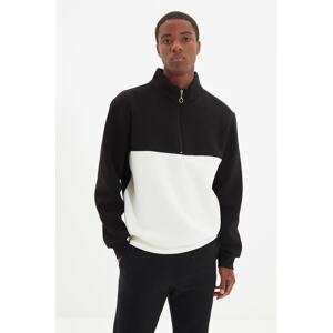 Trendyol Men's Black Regular/Real Fit High Neck Color Block Zipper Fleece Inner Cotton Sweatshirt