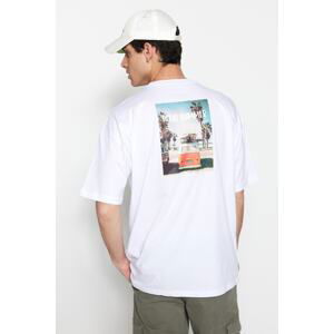 Trendyol Men's White Oversize/Wide-Fit Landscape Printed Short Sleeve 100% Cotton T-Shirt