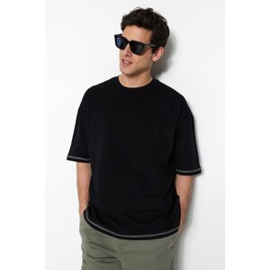 Trendyol Men's Black Oversize/Wide Cut Crew Neck Short Sleeve Embroidered 100% Cotton T-Shirt