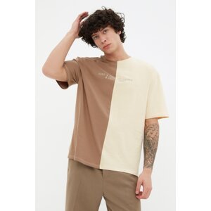 Trendyol Men's Brown Oversize Color Block 100% Cotton Embroidered T-Shirt
