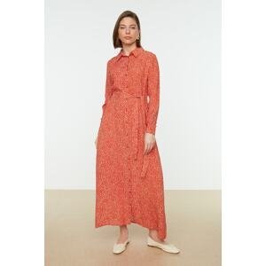 Trendyol Cinnamon Polka Dot Patterned Belted 100% Viscose Woven Shirt Dress