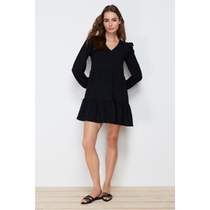 Trendyol Black Straight Cut Gathered Ruffle Detailed Mini Woven Dress