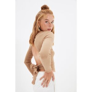 Trendyol Camel Decollete Ribbed Knitted Blouse