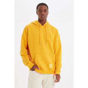 Trendyol Basic Yellow Men's Oversize Hooded Labeled Cotton Sweatshirt with Fleece Inside