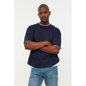 Trendyol Navy Blue Men's Oversize/Wide Cut White Paneled Short Sleeve 100% Cotton T-Shirt