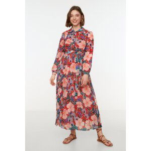 Trendyol Multi Color Floral Pattern Shirt Collar Belted Lined Chiffon Woven Dress