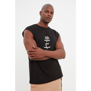 Trendyol Black Men's Oversize/Wide Cut Far East Text Printed 100% Cotton Sleeveless T-Shirt/Tank Top