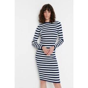 Trendyol Navy Navy Blue Fitted Mini Knitwear Striped Dress