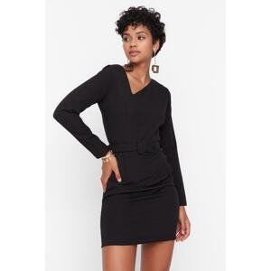 Trendyol Black Belted Woven Asymmetric Collar Woven Dress