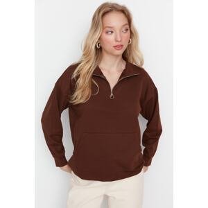 Trendyol Brown Pocket Detailed Zipper Thin Knitted Sweatshirt