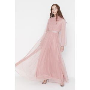 Trendyol Powder Coated Evening Dress with Tulle and Stone Detail, Belted on the Sleeves