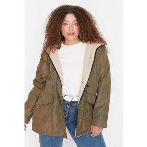 Trendyol Curve Khaki Hooded Coat with snap fasteners and pockets inside.