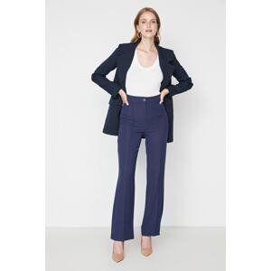 Trendyol Navy Blue Straight Cut High Waist Ribbed Stitched Woven Trousers