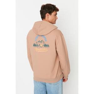 Trendyol Beige Men's Relaxed/Comfortable Cut Hooded Printed Long Sleeve Kangaroo Pocket Sweatshirt