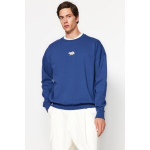 Trendyol Navy Blue Men's Oversize/Wide Cut Fit Crew Neck Animal Embroidered Sweatshirt with Fleece Inside