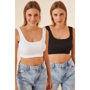 Happiness İstanbul Women's Black and White Strappy Crop Double Pack Knitted Blouse