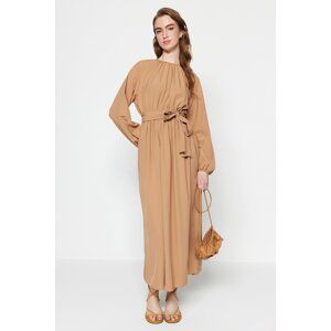 Trendyol Camel Belted Gathered Detailed Parachute Fabric Wide Pattern Woven Dress