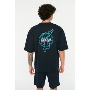 Trendyol Navy Blue Men's Oversize/Wide Fit Seoul City Printed Short Sleeve 100% Cotton T-Shirt