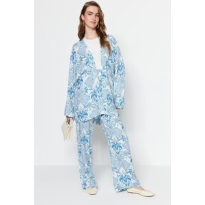 Trendyol Blue Belted Viscose Shawl Patterned Kimono-Pants Suit