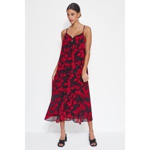 Trendyol Red Straight Cut Maxi Woven Chiffon Lined Floral Patterned Woven Dress