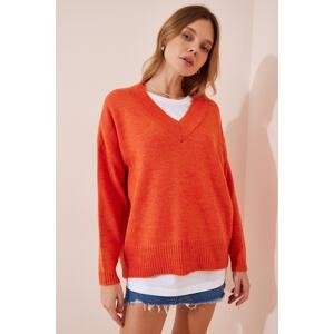 Happiness İstanbul Women's Orange V-Neck Oversize Knitwear Sweater
