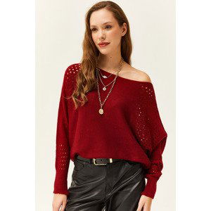 Olalook Women's Burgundy Openwork Batwing Oversize Knitwear Sweater