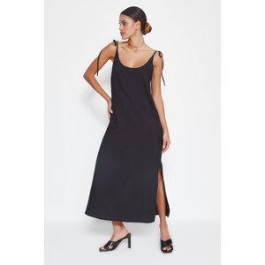 Trendyol Black Straight Cut Midi Woven Strappy Slit Detailed Woven Dress