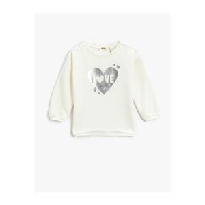 Koton Ribbed Sweatshirt with Glossy Heart Print Crew Neck.
