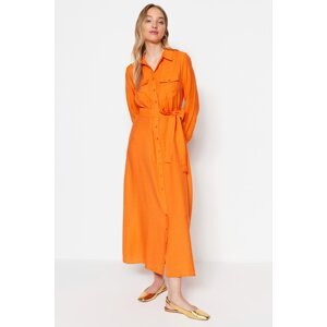 Trendyol Orange Belted Pocket Detailed Woven Shirt Dress