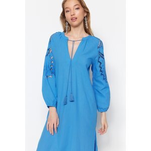 Trendyol Blue Midi Woven Kimono&Caftan 100% Cotton with Tassels