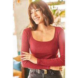 Olalook Women's Burgundy Square Neck Lycra Crop Blouse