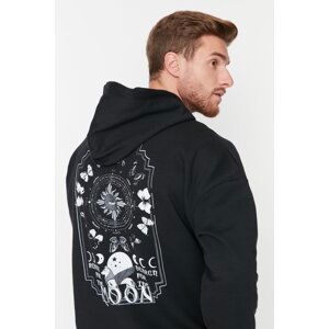 Trendyol Black Men's Oversize/Wide Cut Hooded Space Printed Cotton Sweatshirt with Fleece Inside