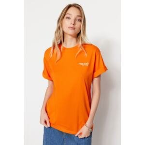 Trendyol Orange 100% Cotton Front and Back Slogan Printed Boyfriend Fit Crew Neck Knitted T-Shirt