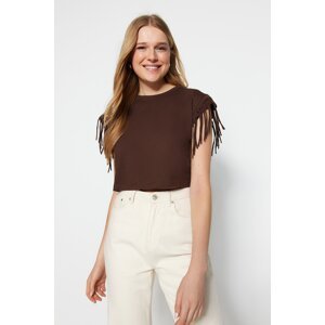 Trendyol Brown 100% Cotton Tassel Detailed Crop Crew Neck Knitted T-shirt