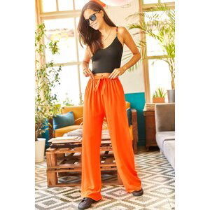 Olalook Women's Orange Belted Woven Viscon Palazzo Trousers