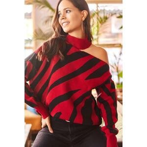 Olalook Women's Burgundy One-Shoulder Zebra Pattern Oversize Knitwear Sweater