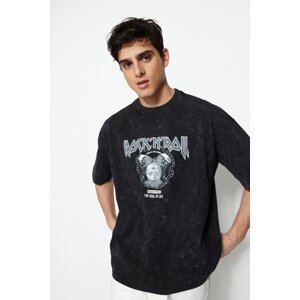 Trendyol Men's Black Oversize/Wide-Fit Weathered/Faded Effect Rock Print 100% Cotton Short Sleeve T-Shirt