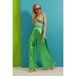 Trend Alaçatı Stili Women's Green High Waist Pleated Pleated Satin Weave Wide Leg Pants