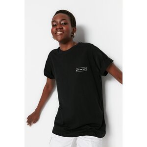 Trendyol Black 100% Cotton Printed Boyfriend Crew Neck Knitted T-Shirt
