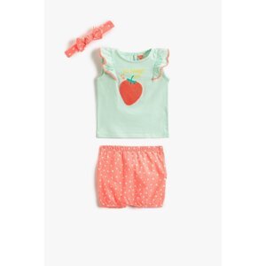 Koton Baby Girl Strawberry Applique Detailed Printed Ruffle T-Shirt - Shorts and Headband Set