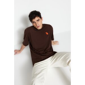 Trendyol Brown Men's Oversize/Wide Cut Animal Embroidery Short Sleeve 100% Cotton T-Shirt
