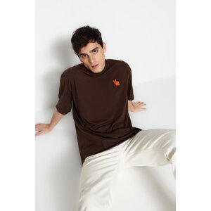 Trendyol Men's Brown Oversize/Wide Cut Animal Embroidery Short Sleeve 100% Cotton T-Shirt