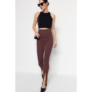 Trendyol Brown Ribbed Flexible High Waist Smart Knitted Leggings with a Front Slit