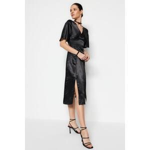 Trendyol Black Straight Fit Woven Midi Satin V-neck Slit Woven Dress